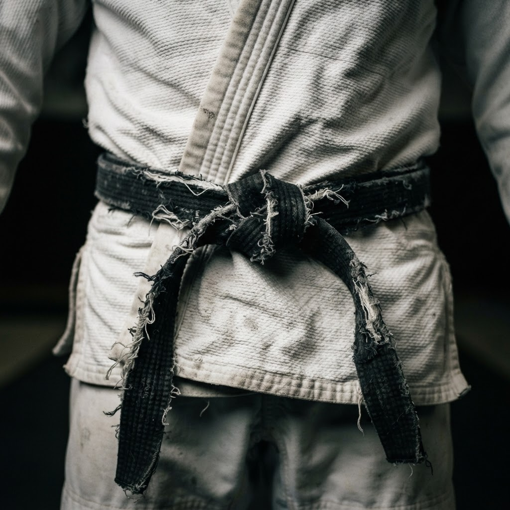 A worn belt tied around a gi